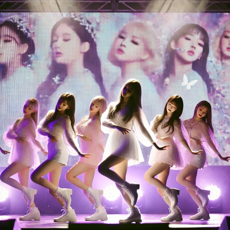 A close-up of a dreamy K-pop dance group of six people performing on a stage bathed in soft purple lighting. They are striking an elegant and synchron